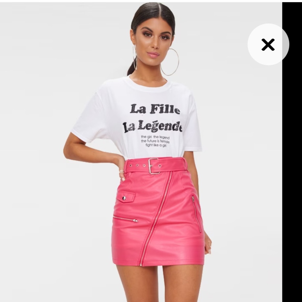 Prettylittlething Fuchsia Faux Leather Biker Belted Mini Skirt BarbieCore Sz 8